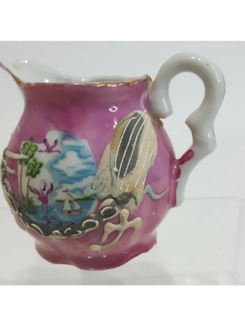 Mini Porcelain Hand-Painted Raised Dragon Creamer Lucky China 4” Tall Pink Gold